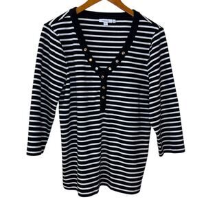 Chico's Top Women X Large Black  Ribbed Henley Stripe Snaps‎ Cotton Stretch Knit